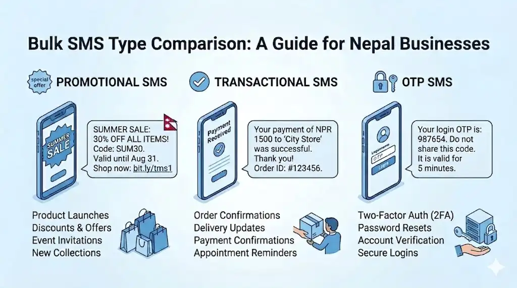 comparison of three types of bulk SMS: promotional, transactional, and OTP with examples for each