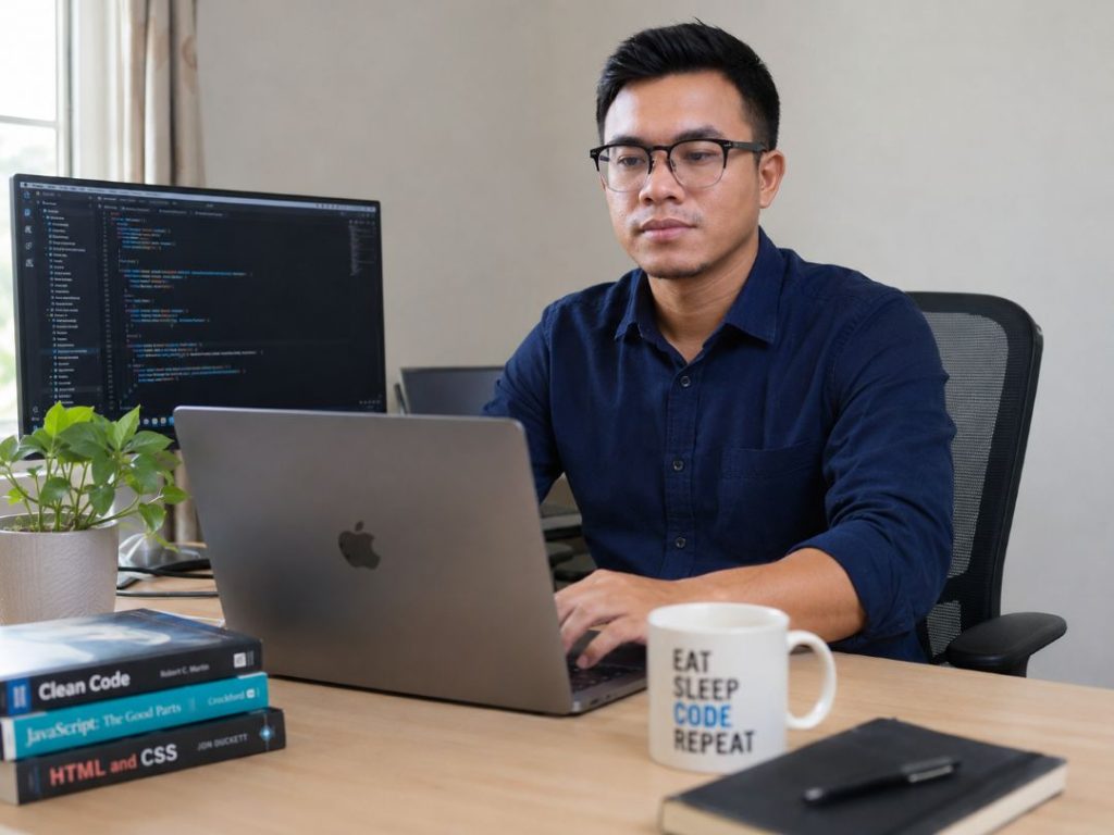 Professional website developer in Nepal coding on a laptop in a modern office workspace