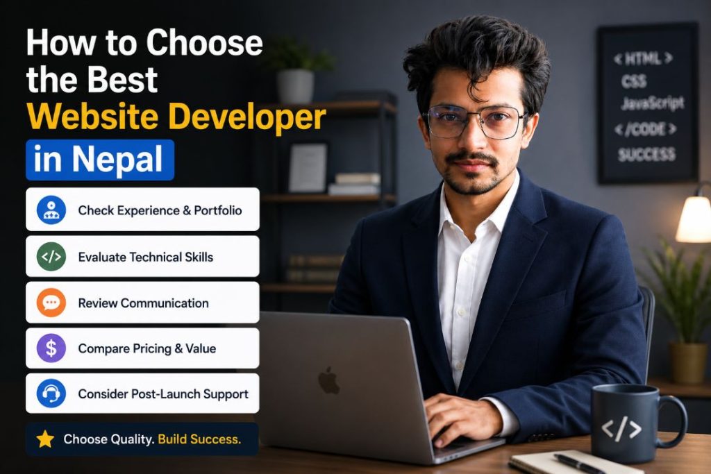 Professional website developer in Nepal working on a laptop for a guide on choosing the best web developer