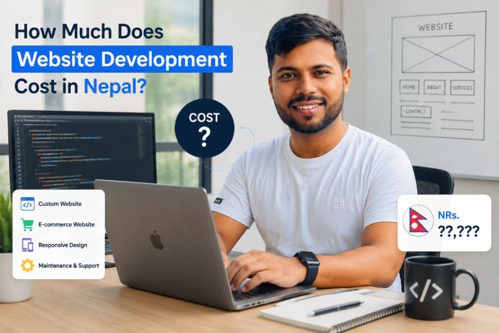 Website developer in Nepal working on a laptop illustrating website development cost in Nepal guide