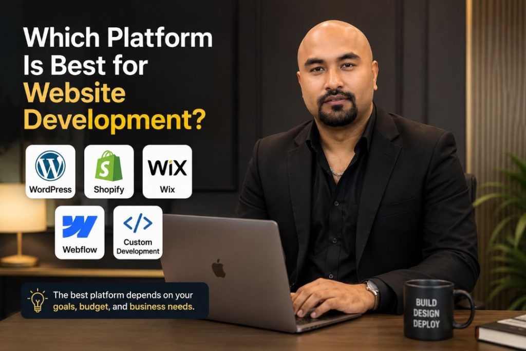 Website developer comparing WordPress, Shopify, Wix, Webflow, and custom website development platforms