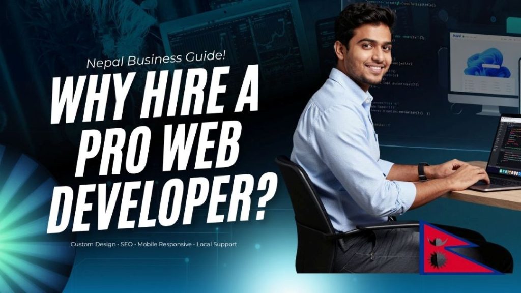 Professional website developer in Nepal coding on a laptop in a modern office workspace