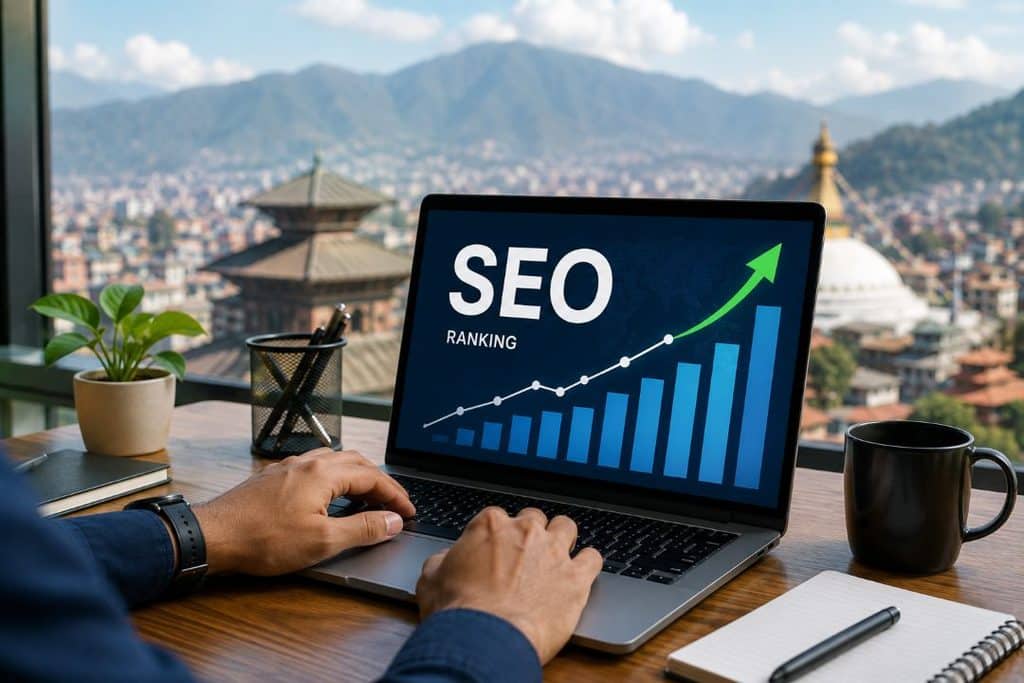 SEO professional analyzing website ranking and growth on a laptop