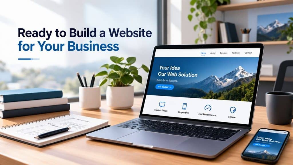 Business website displayed on a laptop in a modern workspace
