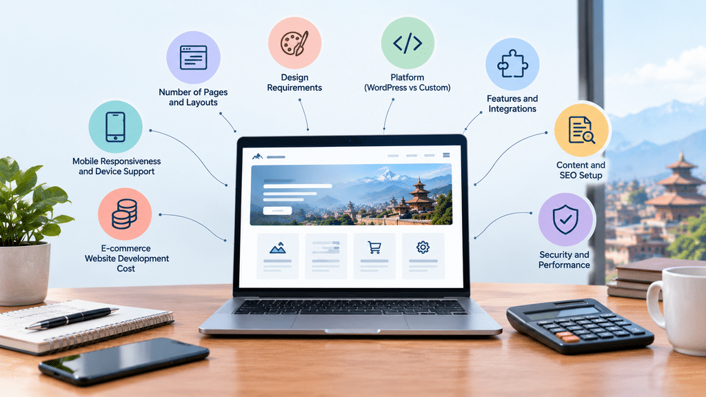 Factors affecting website development cost, including design, features, platform, and SEO